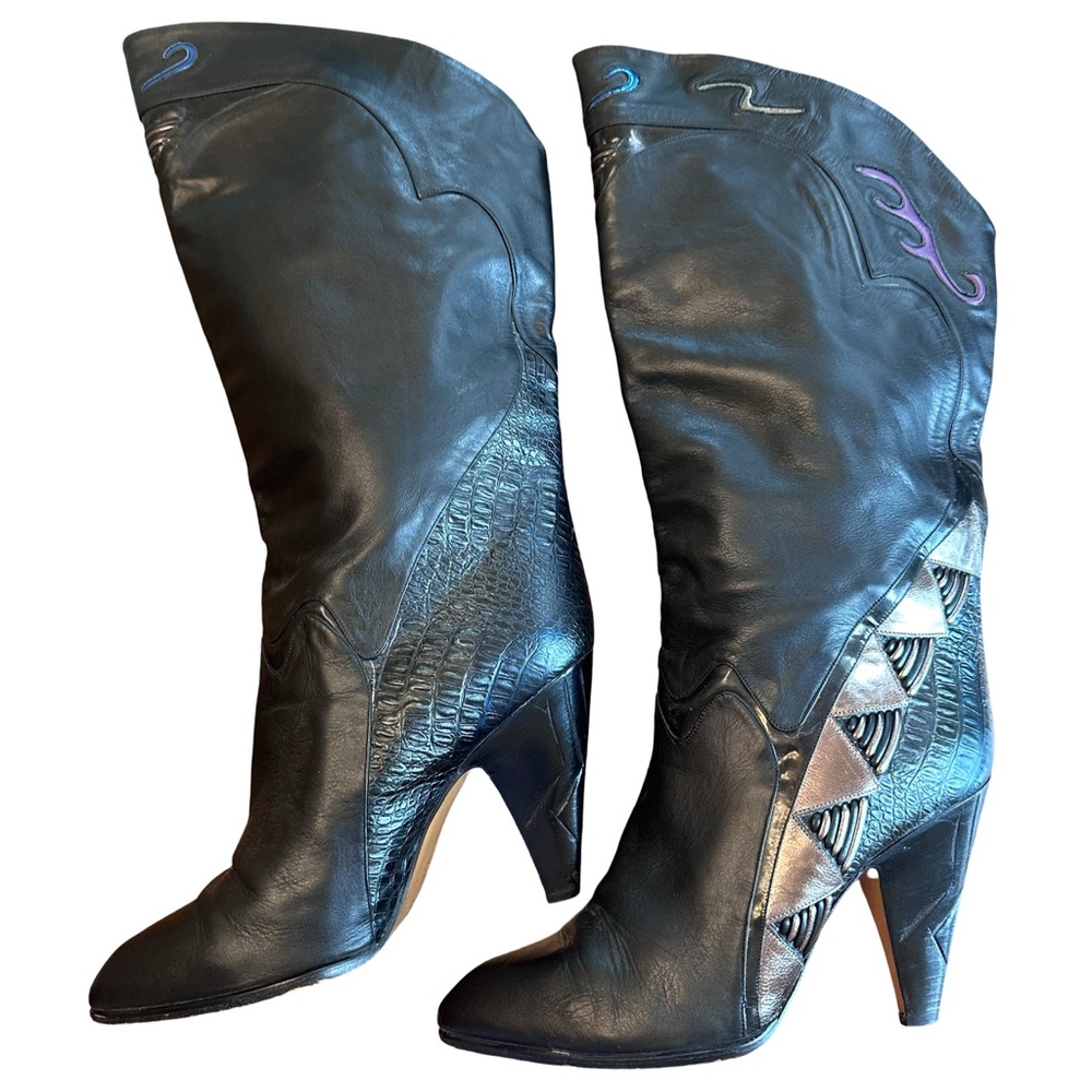 🔥🔥80s Italian Vintage Heeled Boots Mixed Media Leather 38/7.5 or 8 Amazing